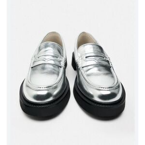Zara Silver Metallic Loafers Platform Chunky Sole Faux Leather Shoes 37 6.5